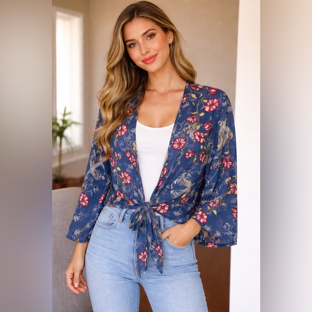 Navy Floral Tie-Front Kimono Jacket